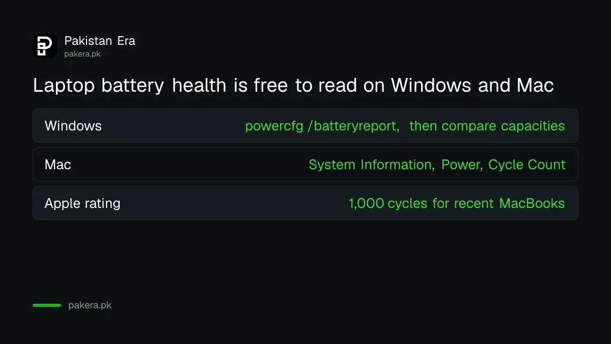 How to read laptop battery health on Windows with the battery report and on Mac with the cycle count