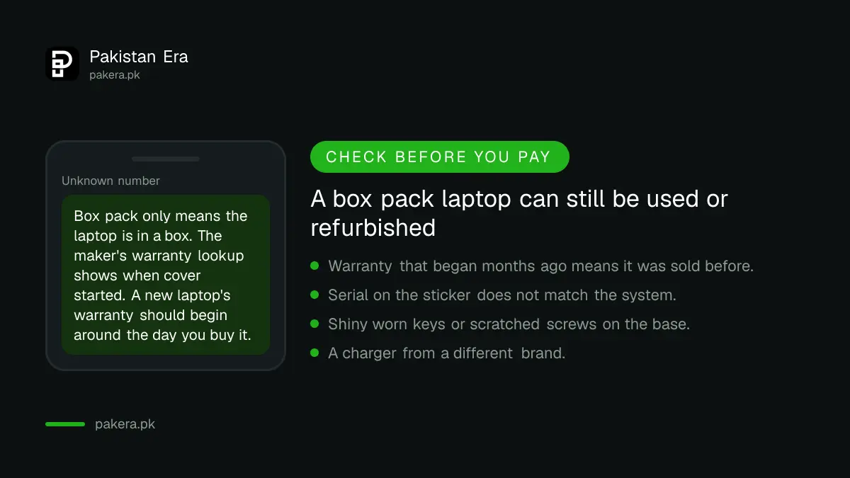 Warning that a box pack laptop whose warranty started months ago is not new