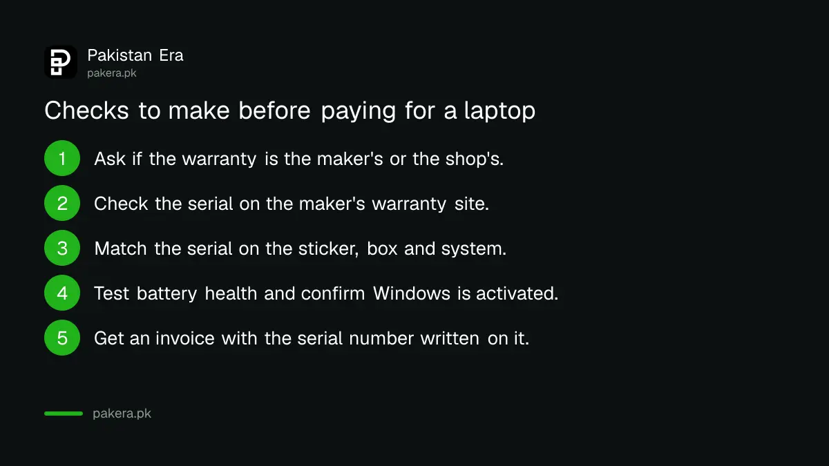 Checklist of the main checks before buying a laptop in Pakistan, from warranty type to the invoice
