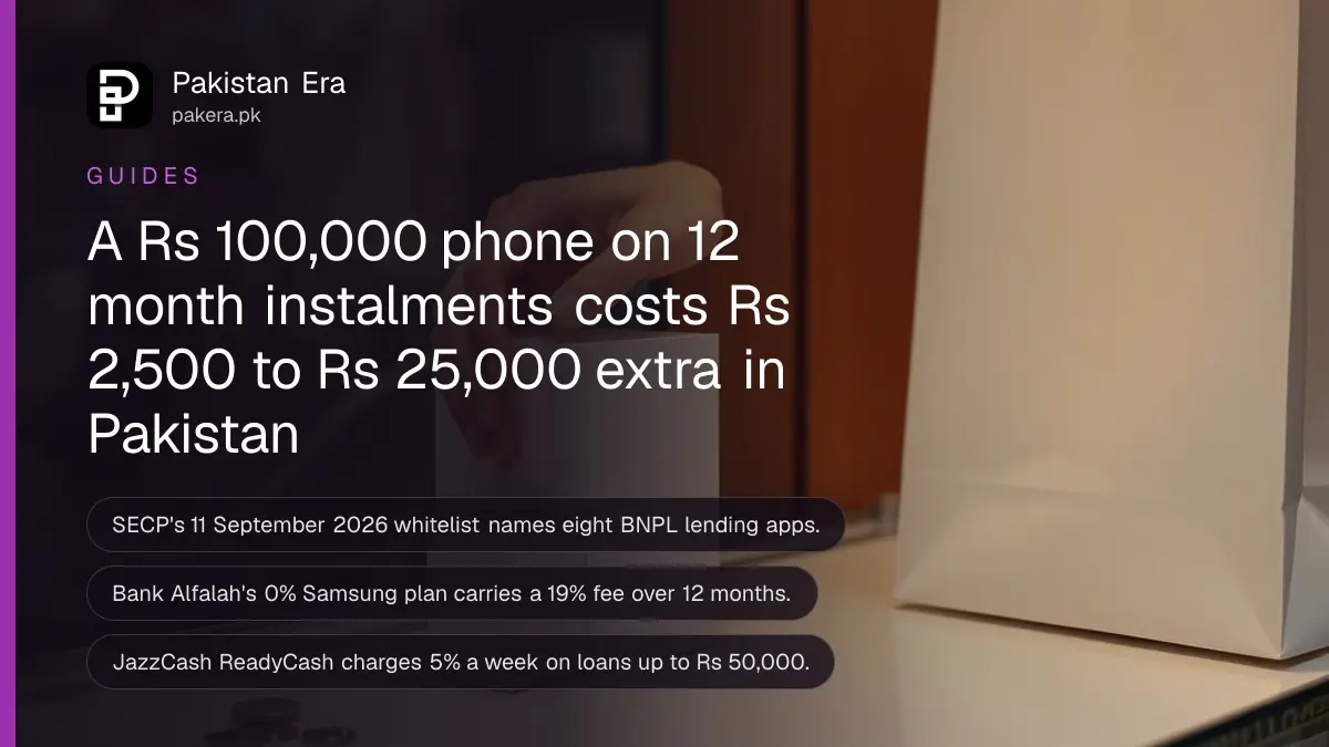 A shopper's hands holding a new smartphone box beside a calculator and a few rupee coins on a shop counter