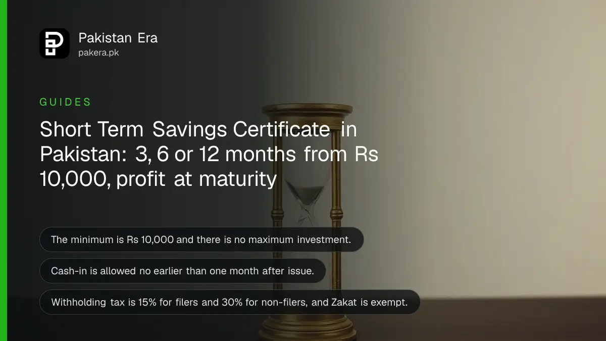 A small brass hourglass on a dark wooden table, for a guide on Short Term Savings Certificates in Pakistan