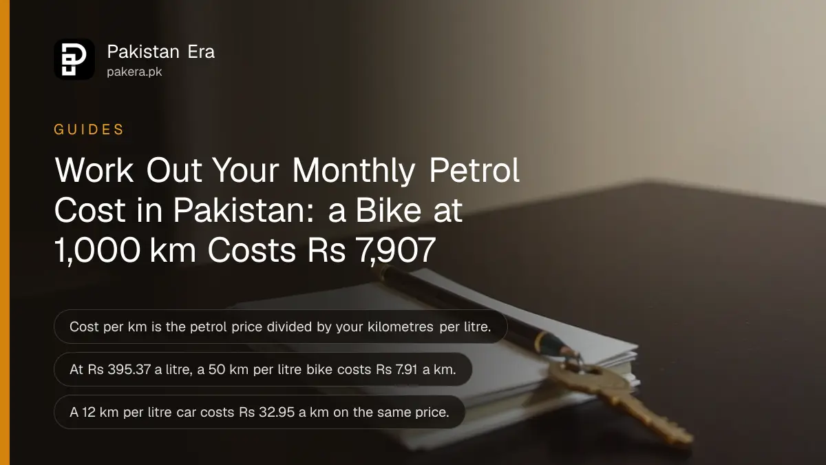 A notebook, a pencil and a brass key on a dark wooden table, for a guide to calculating monthly petrol cost in Pakistan