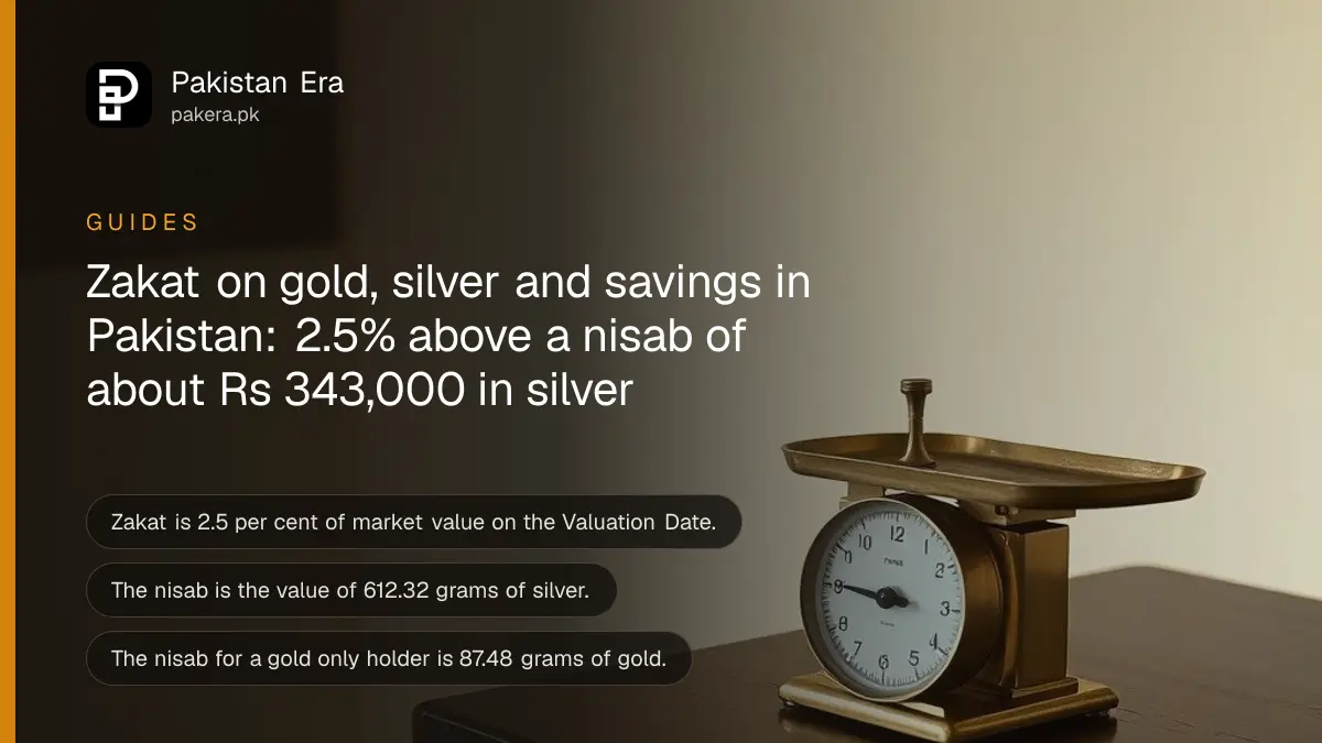 A small brass scale on a dark wooden table, for an article on calculating zakat on gold and savings in Pakistan