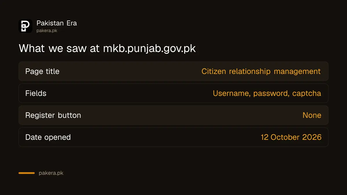 What we saw on the mkb.punjab.gov.pk page: a staff sign-in with no citizen registration form