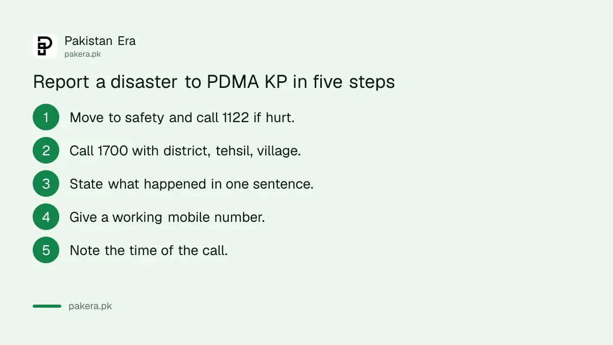 Steps to report a disaster to PDMA Khyber Pakhtunkhwa on 1700