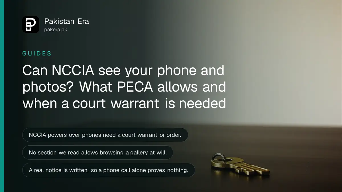 A brass key on a dark wooden table, for an article on whether NCCIA can access your phone in Pakistan