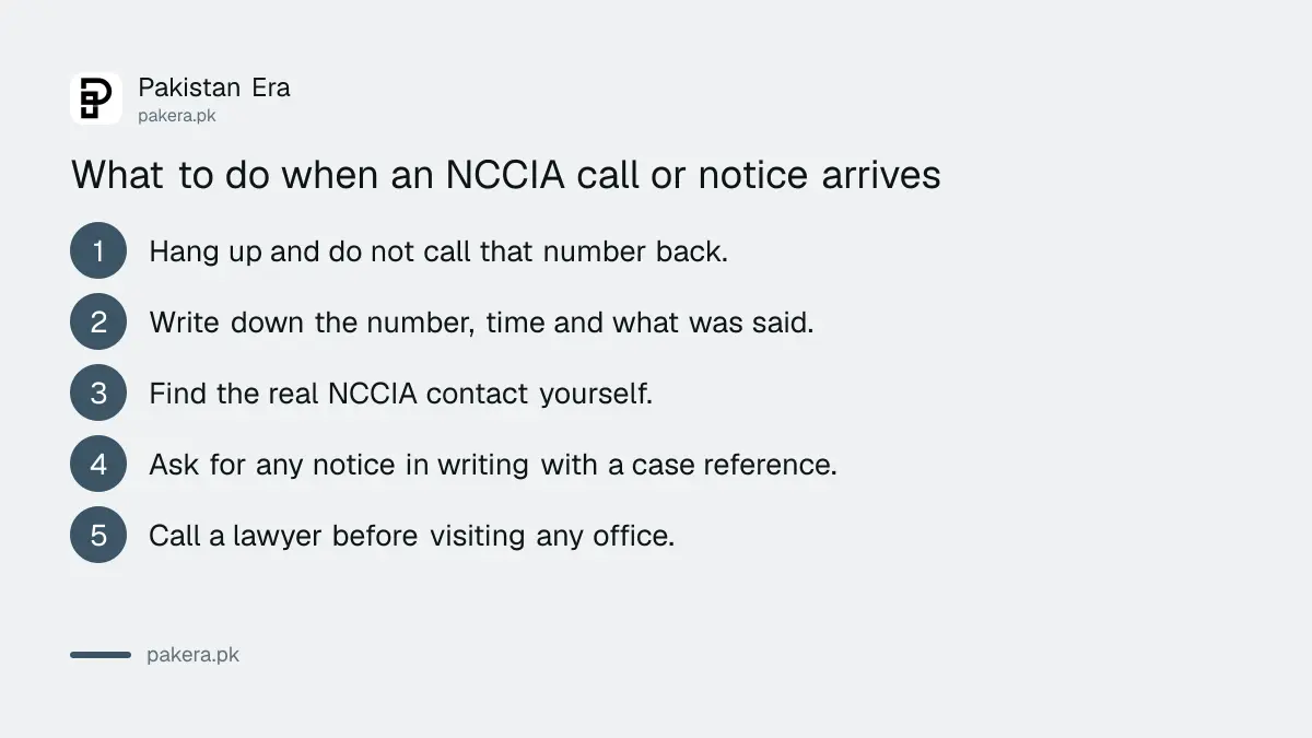 Five steps to take when a call or notice claiming to be from NCCIA arrives in Pakistan