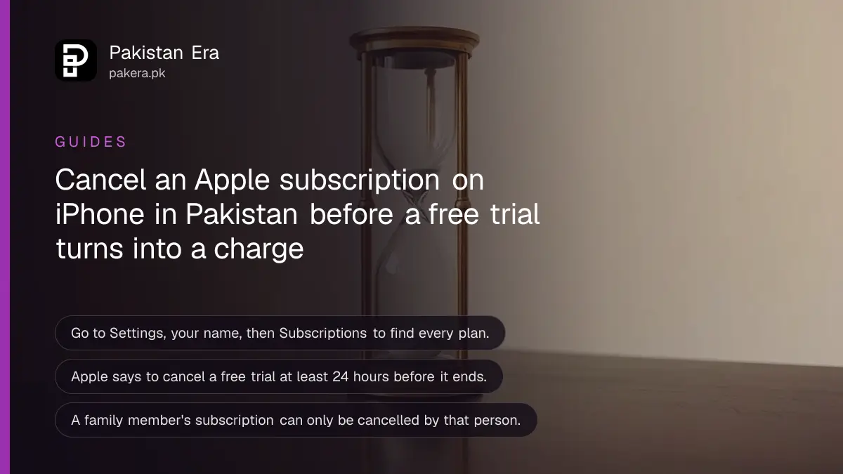 A brass hourglass on a dark wooden table, for a guide on cancelling an Apple subscription in Pakistan