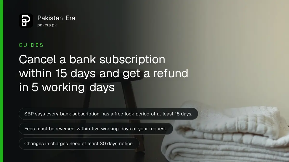 A folded cotton towel and a wooden stool on a dark wooden table, for a guide on cancelling bank subscriptions in Pakistan