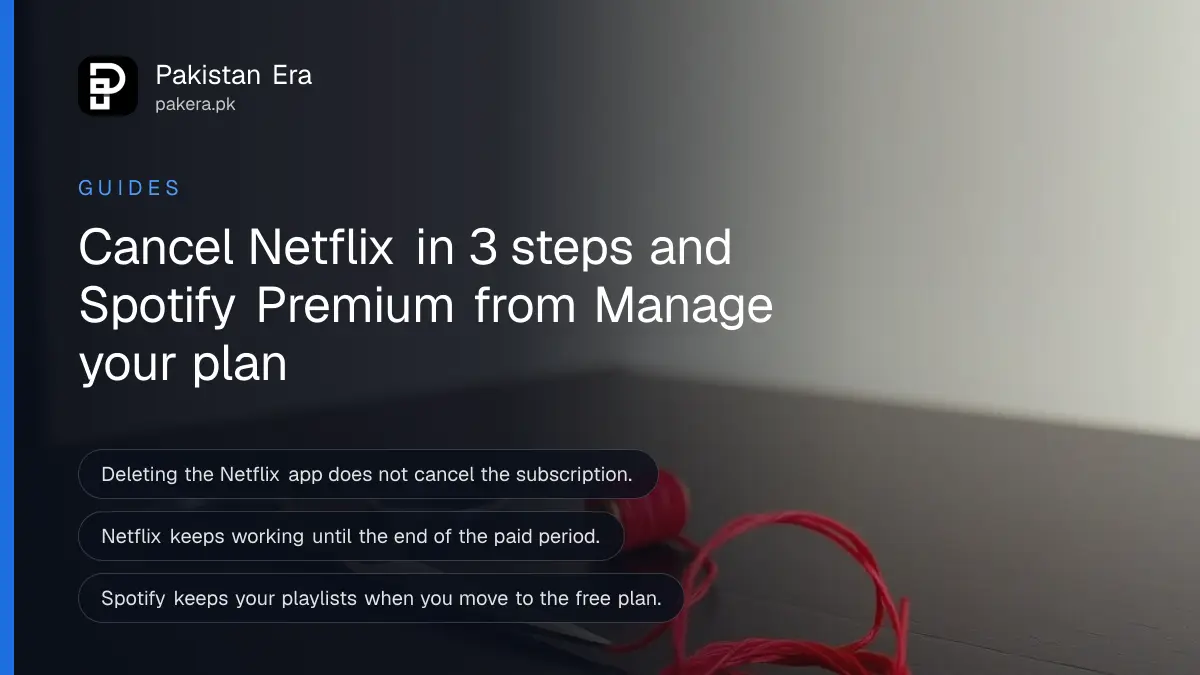A pair of scissors and a coiled red thread on a dark wooden table, for a guide to cancelling Netflix or Spotify Premium in Pakistan