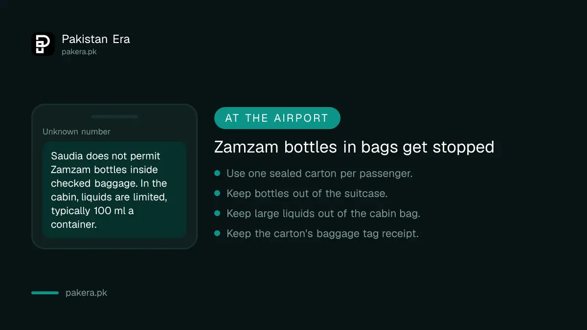 Warning that Zamzam bottles packed in a suitcase or carried in the cabin are stopped at the airport