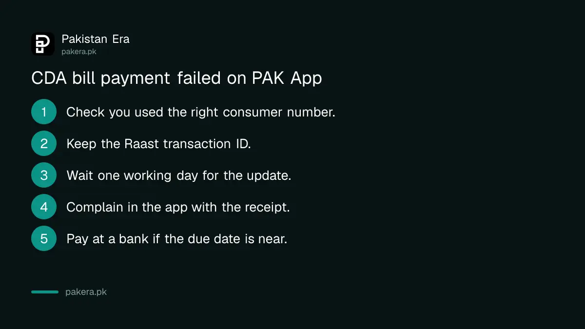 What to do when a CDA bill payment fails on PAK App
