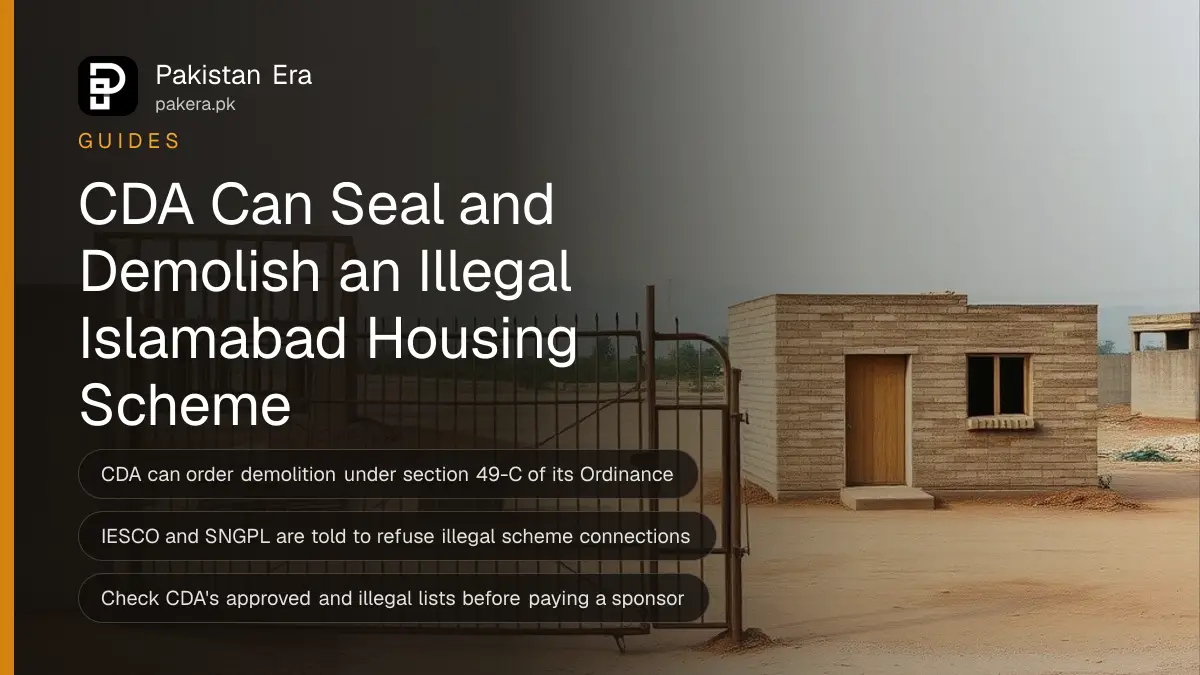 A padlocked site office gate beside an unfinished brick structure on a dusty plot on the outskirts of Islamabad