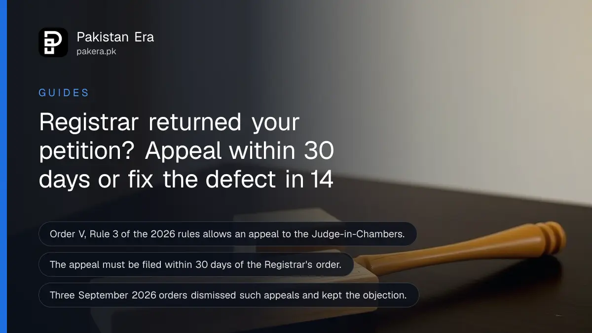 A wooden gavel on a dark wooden table, for a guide on appealing a court registrar's office objection in Pakistan