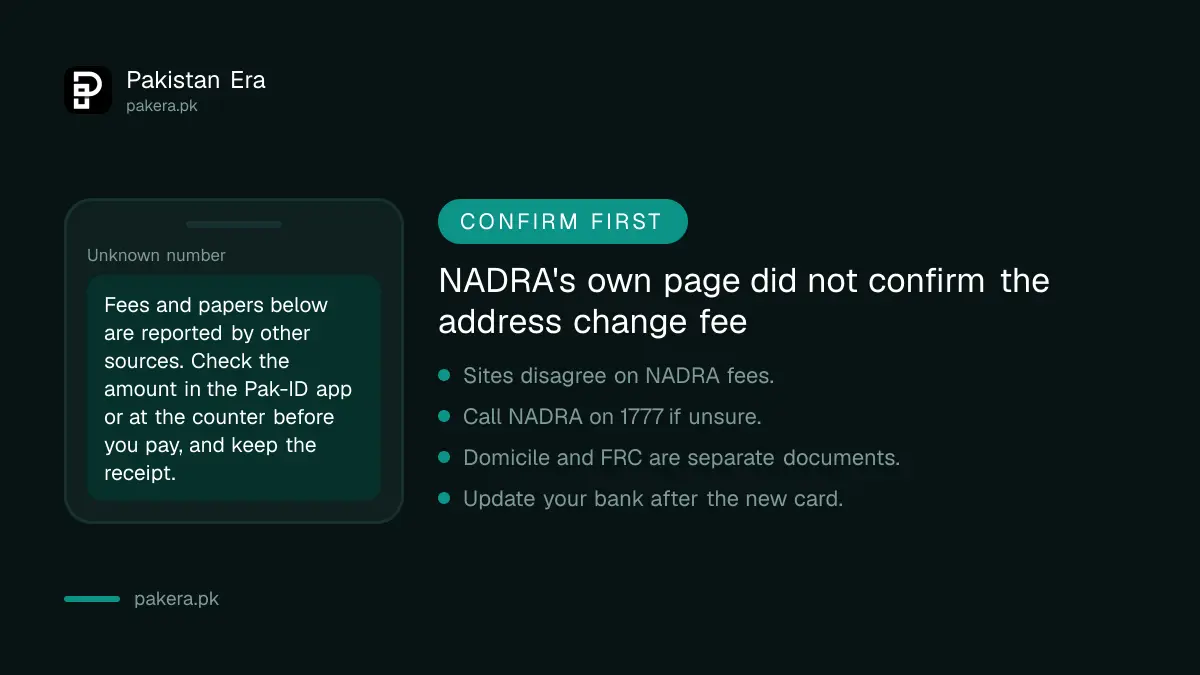 Reminder to confirm the address change fee and papers with NADRA before paying
