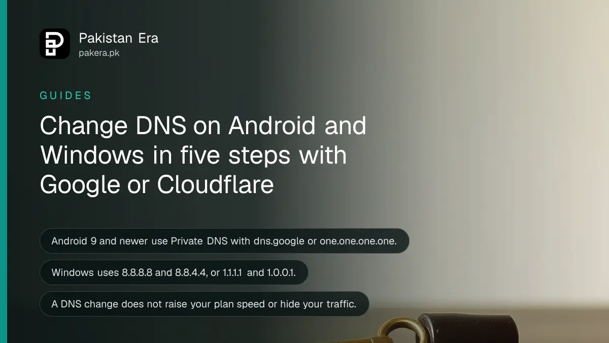 A brass key on a dark wooden table, for a guide on changing DNS on Android and Windows in Pakistan