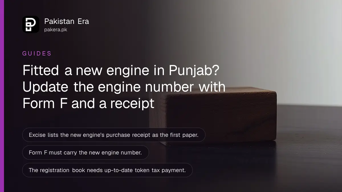 A wooden block on a dark wooden table, for a guide to changing the engine number on a vehicle record in Punjab
