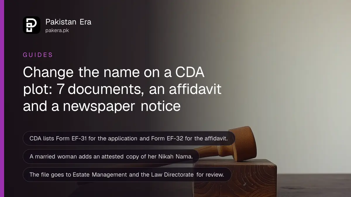 A wooden gavel on a block on a dark wooden table, for a guide on changing a name on a CDA allotment in Islamabad