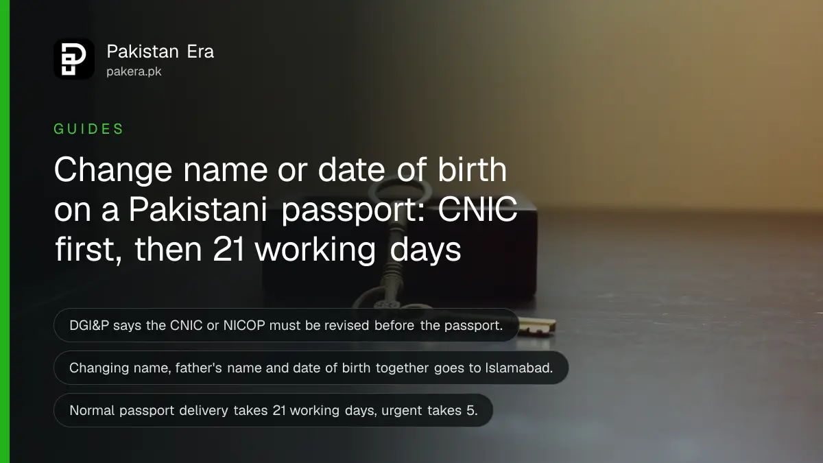 An old brass key and a wooden box on a dark wooden table, for a guide on changing details on a Pakistani passport
