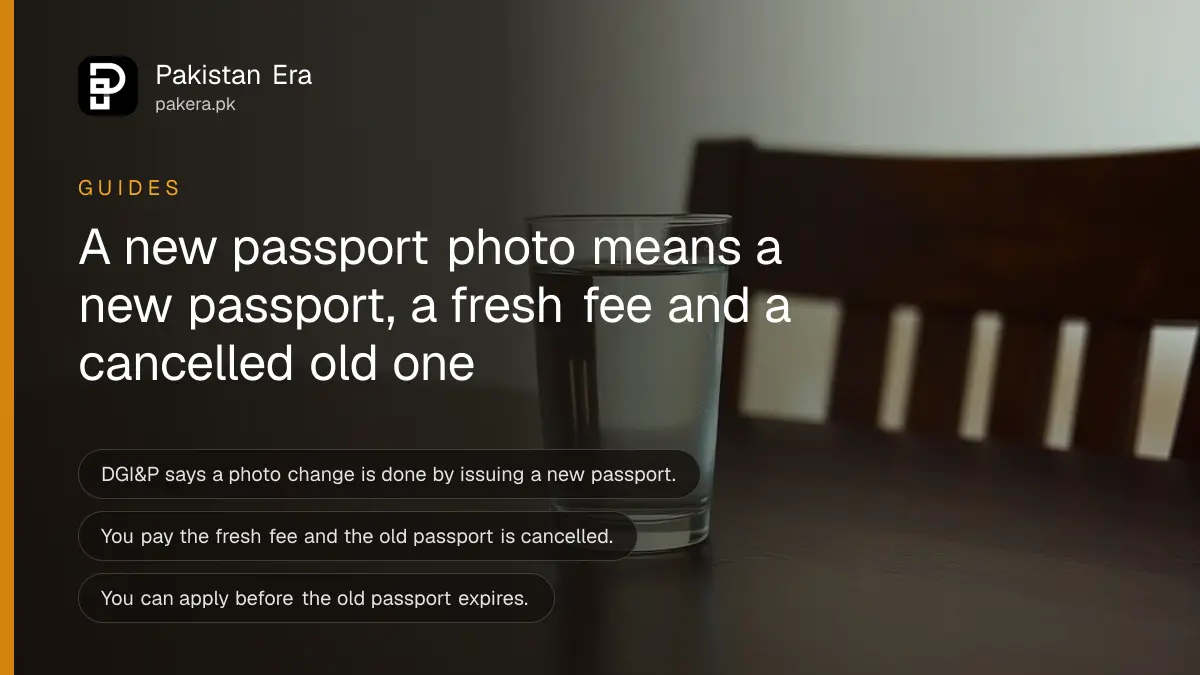 A glass of water on a dark wooden table, for a guide to changing the photo on a Pakistani passport