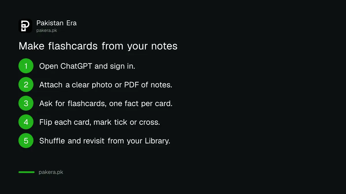 Five steps to make flashcards from notes in ChatGPT: open the app, attach notes, ask for flashcards, flip and mark cards, shuffle and revisit from Library