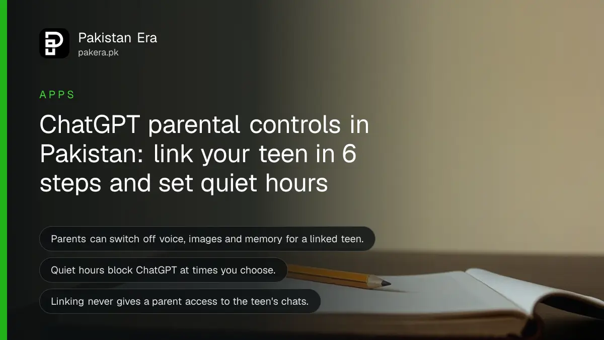An open notebook and a pencil on a dark wooden table, for a ChatGPT parental controls guide in Pakistan