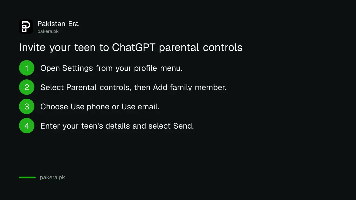 Six steps to invite a teen to ChatGPT parental controls from Settings