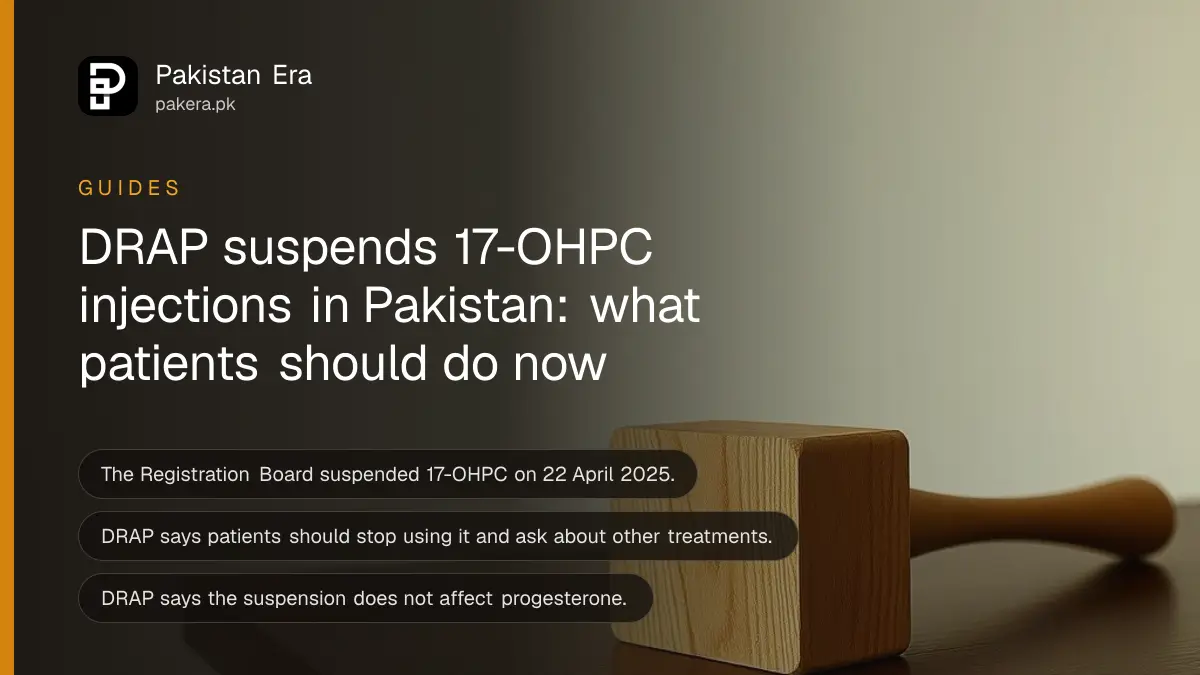 A wooden block on a dark wooden table, for a guide on the DRAP 17-OHPC suspension in Pakistan