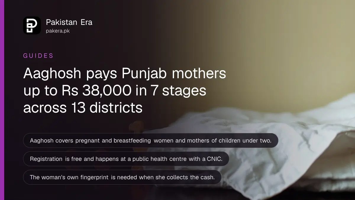 A folded baby blanket and a wooden cradle toy on a dark wooden table, for a guide to the Aaghosh programme in Punjab