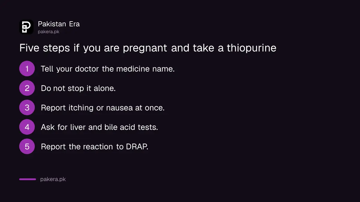 Five steps for a pregnant woman taking azathioprine or mercaptopurine