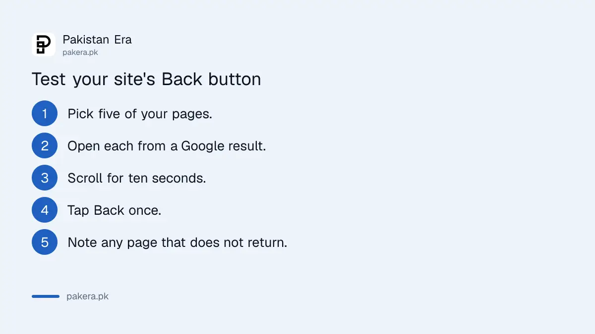 Steps to test a Pakistani website for back button hijacking from a Google search result on a phone
