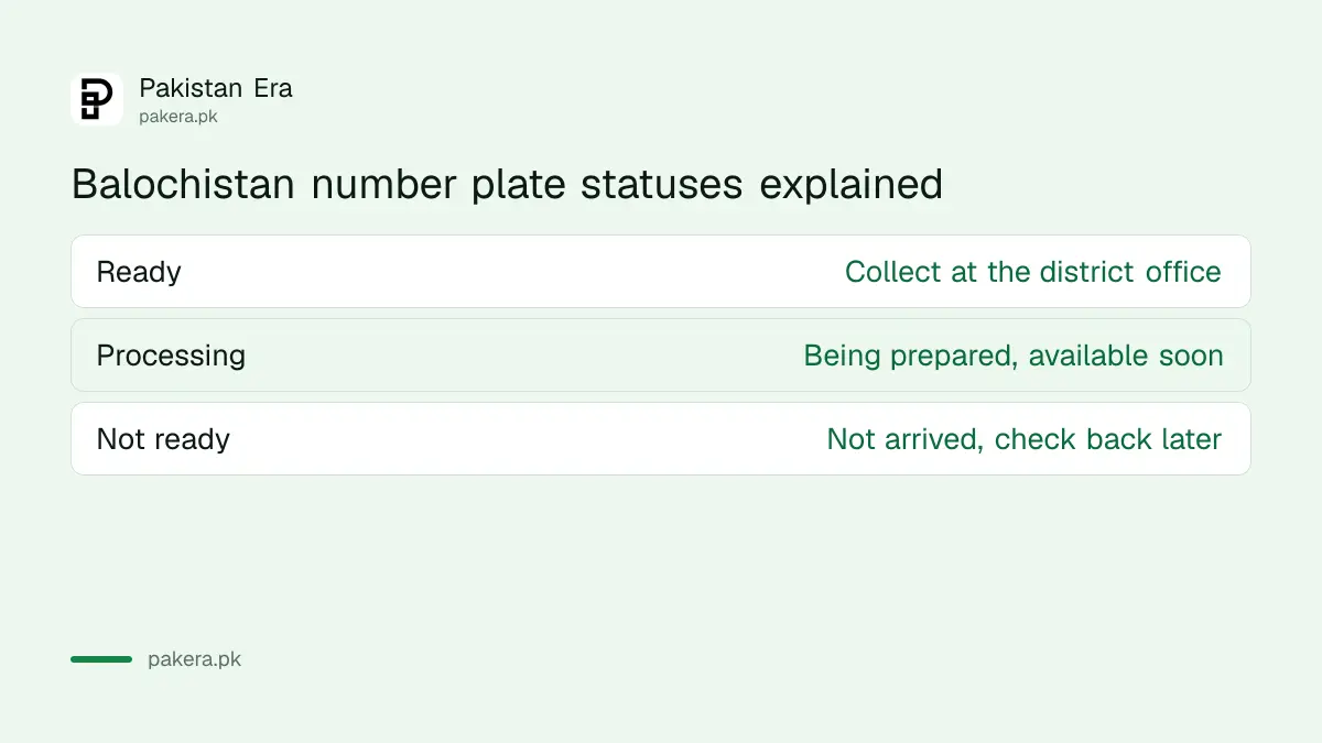 The three plate statuses on the Balochistan Excise portal: ready, processing and not ready