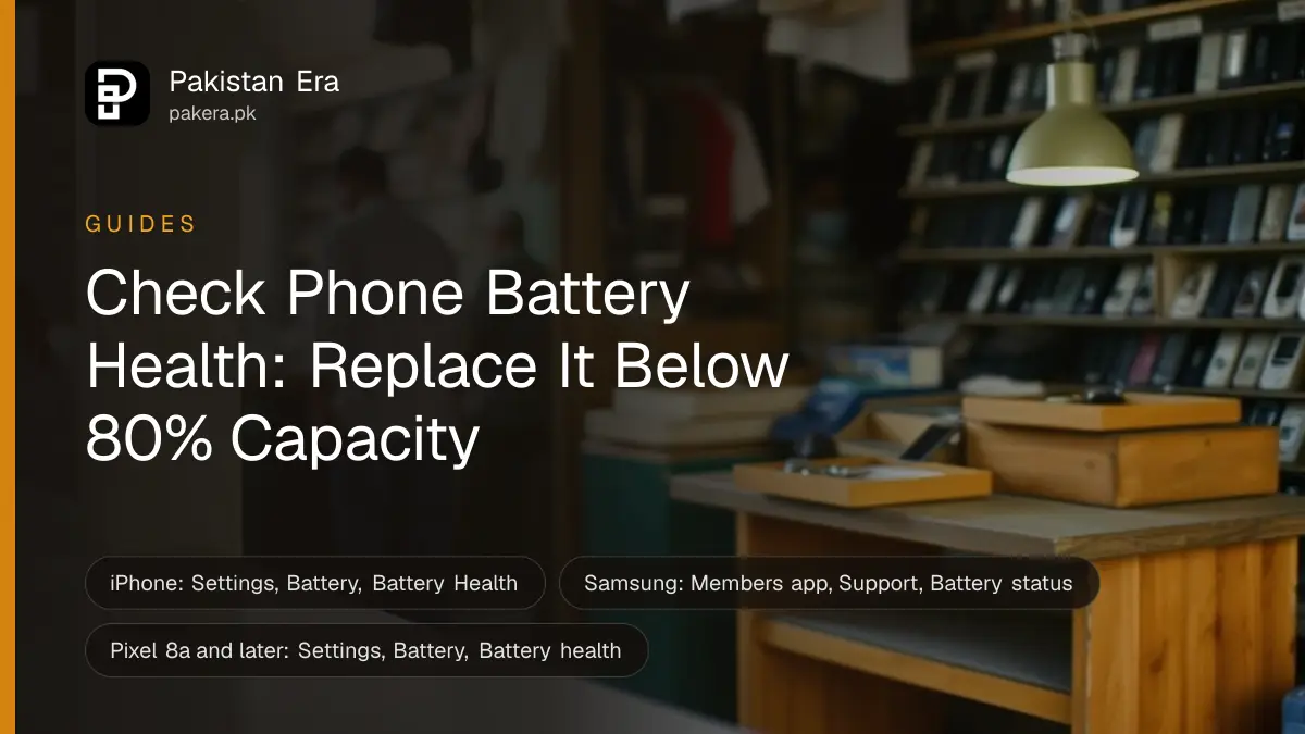 A quiet phone repair bench in a Karachi market with tool trays and a lamp, for a guide on checking battery health