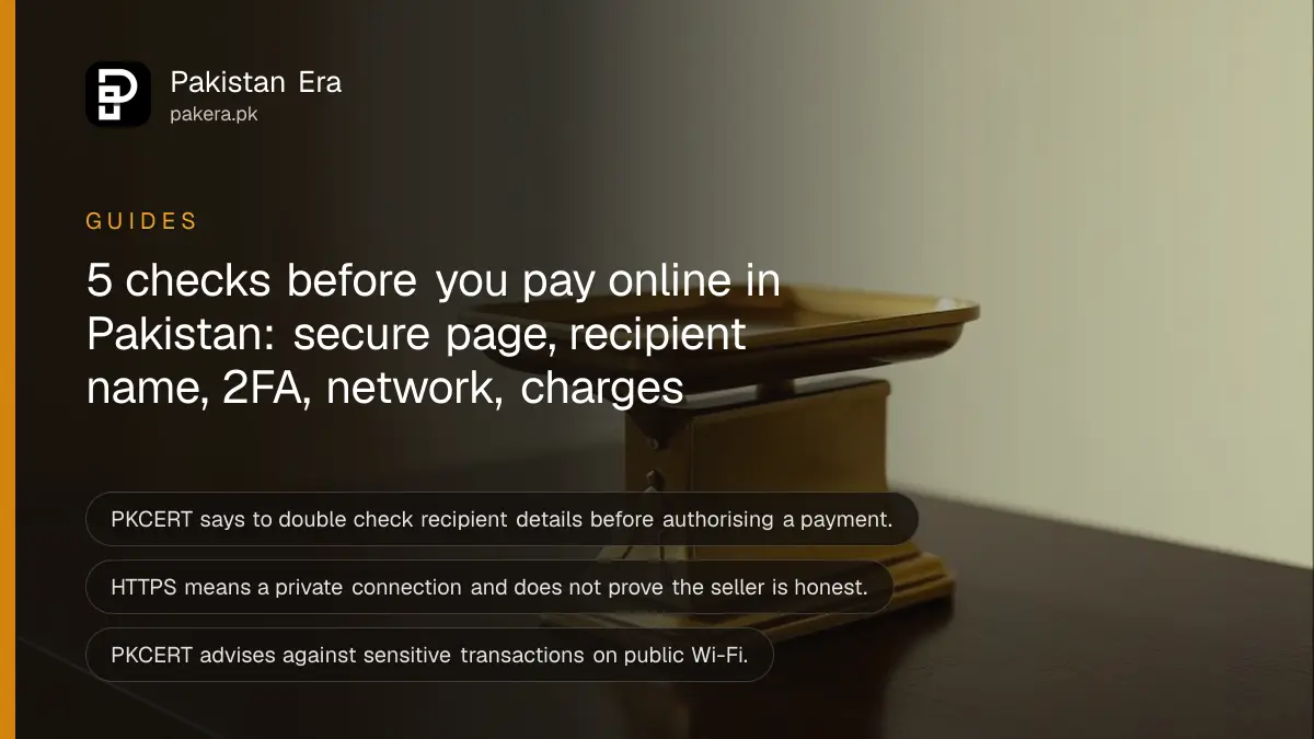 A small brass scale on a dark wooden table, for a checklist on paying online safely in Pakistan