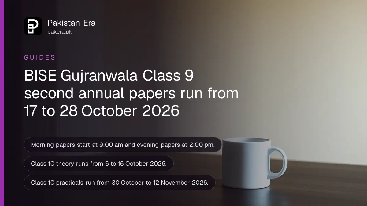 A white mug on a dark wooden table, for an article on bise gujranwala class 9 date sheet 2026