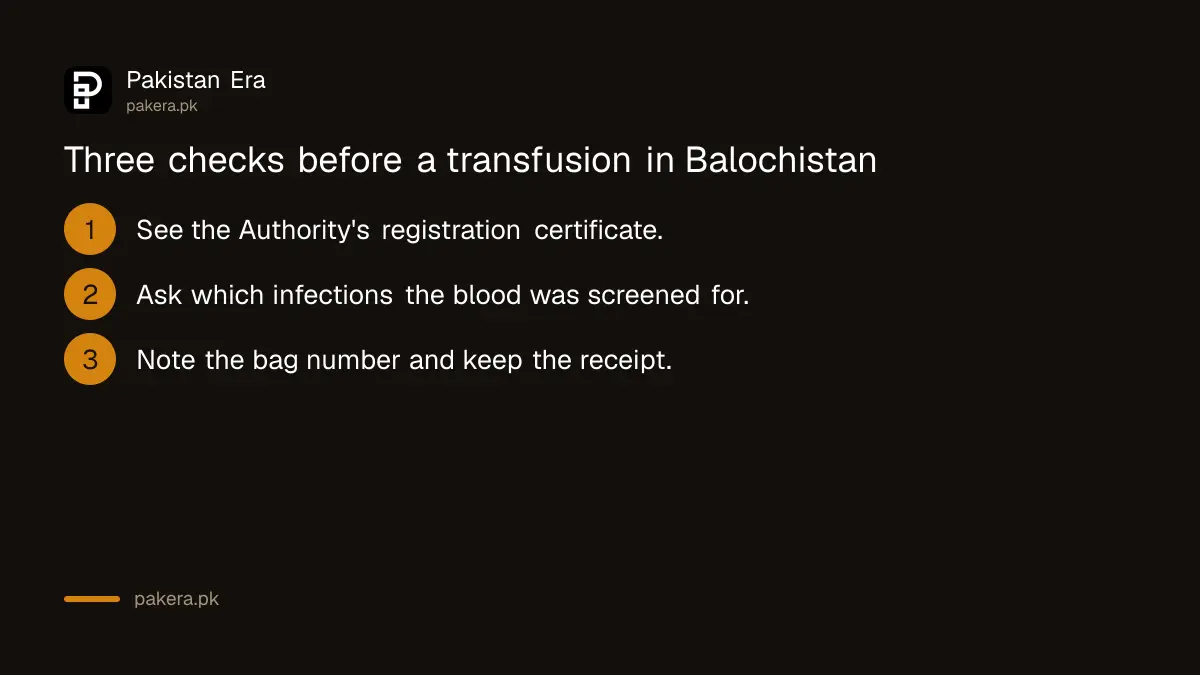 Three checks before a blood transfusion at a blood bank in Balochistan