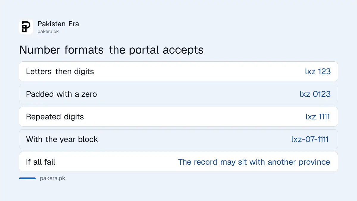 Registration number formats accepted by the Punjab MTMIS portal