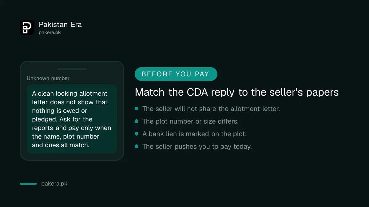 Warning to match the CDA reply with the seller's papers before paying