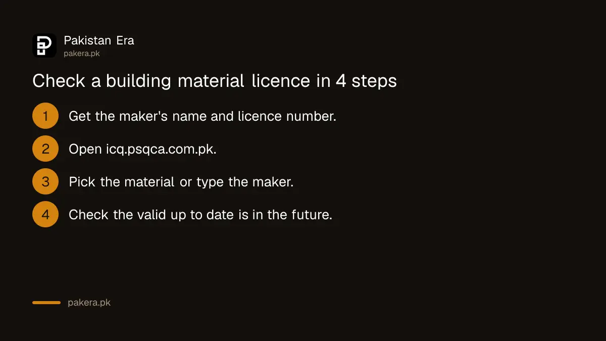 Four steps to check a PSQCA licence for cement, steel bars, pipes or taps