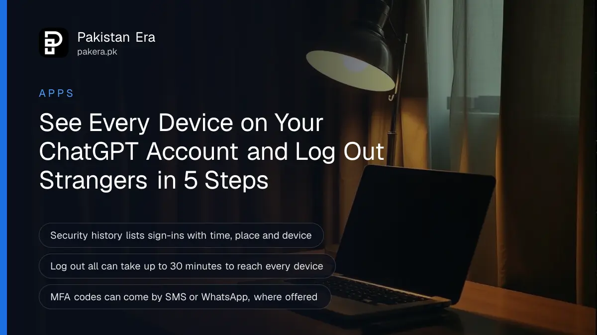 A closed laptop beside a glowing brass lamp on a wooden desk in a Lahore home office at dusk, for a guide to checking ChatGPT login activity