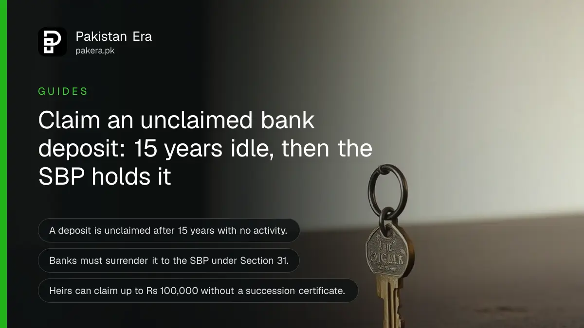 A brass key on a dark wooden table, for a guide on claiming an unclaimed bank deposit in Pakistan