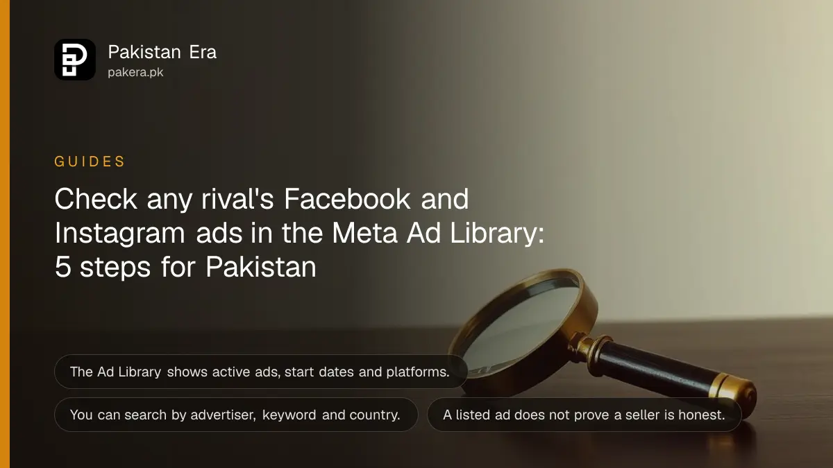 A brass magnifying glass on a dark wooden table, for a guide to checking ads in the Meta Ad Library in Pakistan