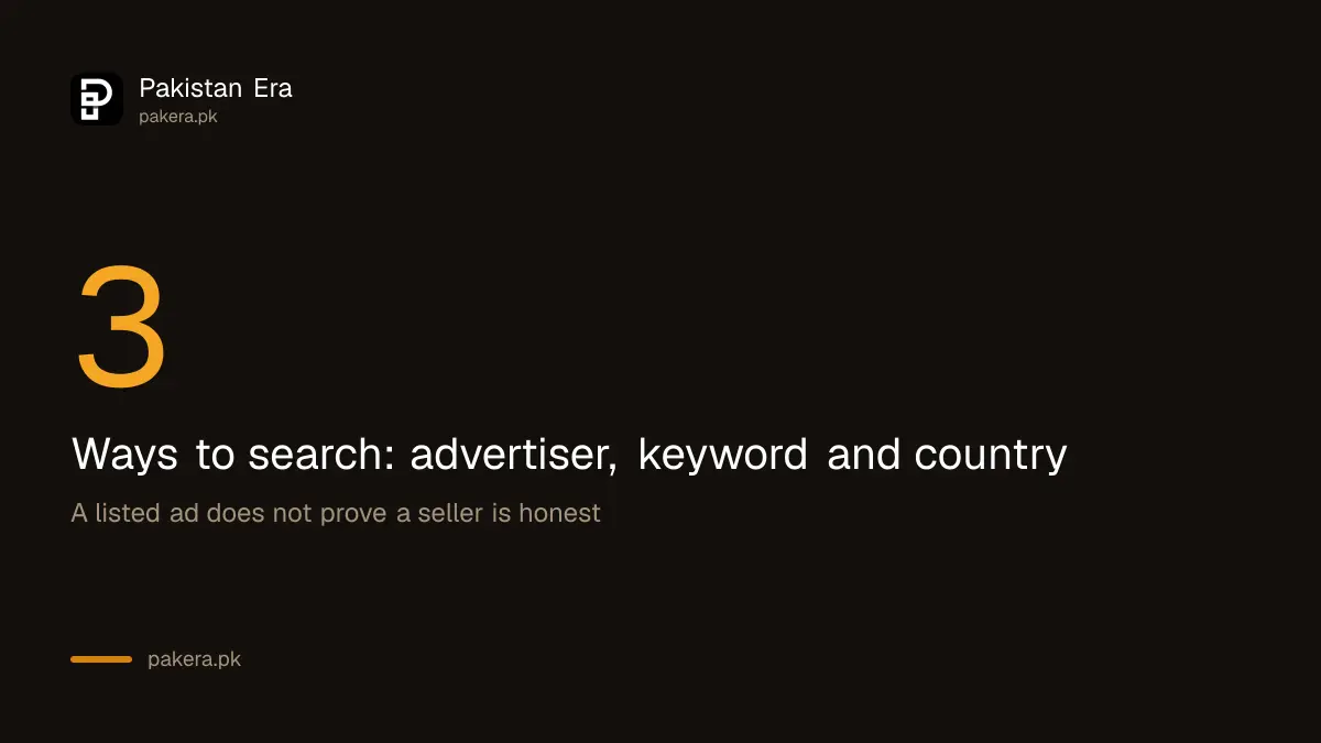 Three ways to search the Meta Ad Library: advertiser, keyword and country