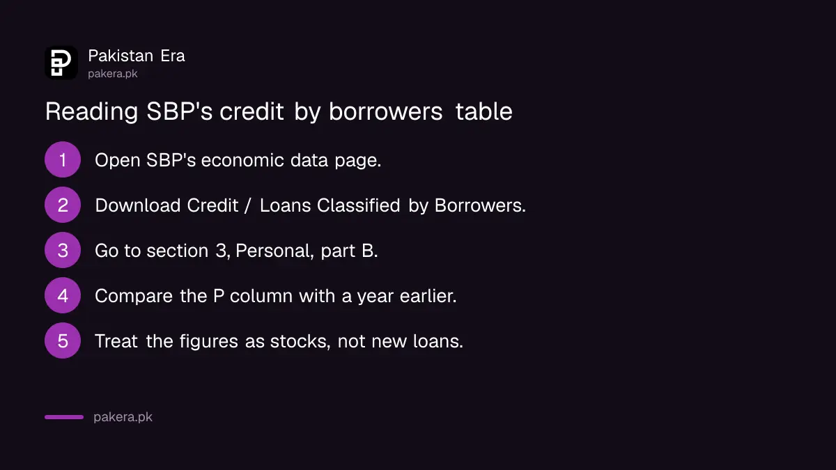 Steps to find consumer financing in SBP's credit by borrowers table