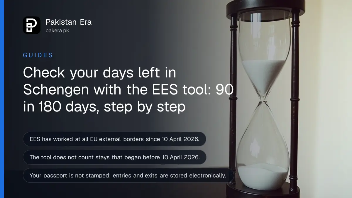 A glass hourglass on a dark wooden table, for a guide on counting Schengen days with the EES tool
