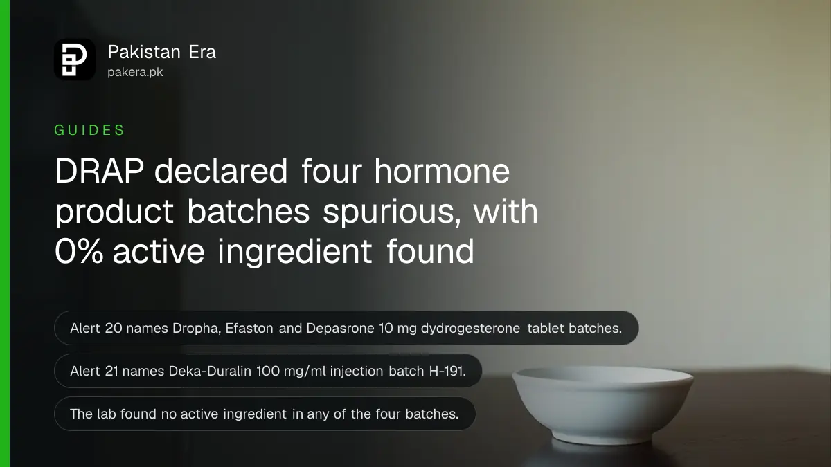 A small white ceramic dish on a dark wooden table, for a guide to DRAP spurious hormone medicine alerts in Pakistan