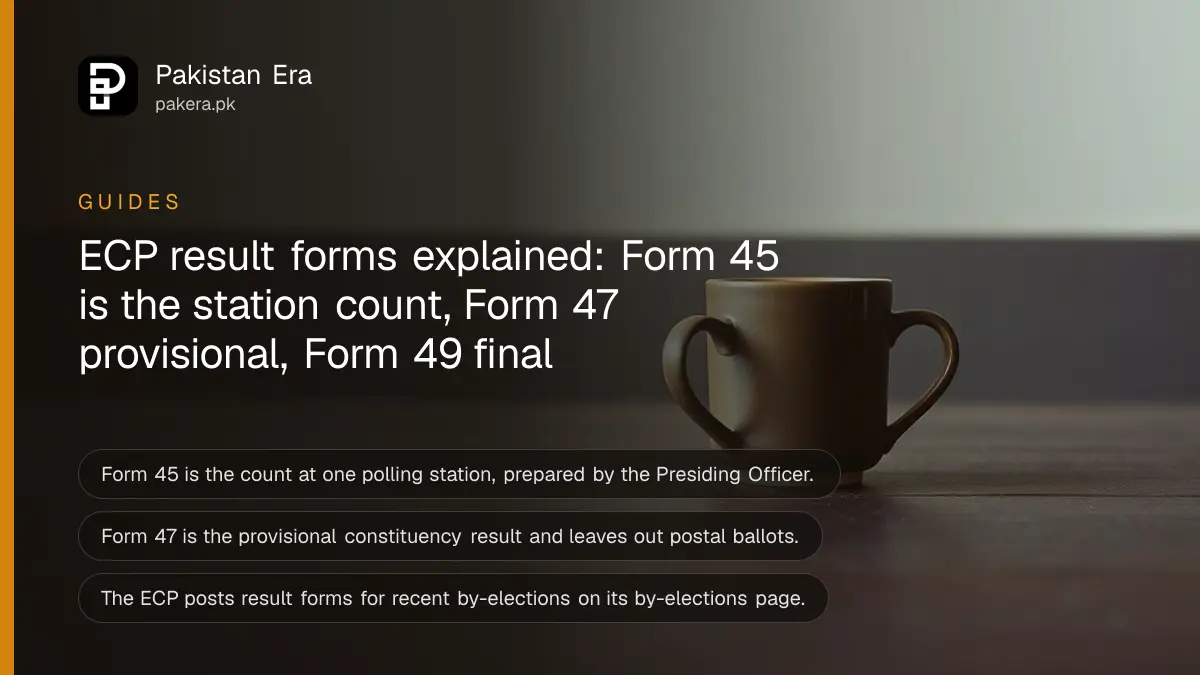 A ceramic mug on a dark wooden table, for a guide to ECP Forms 45, 47 and 49 and how to check an election result in Pakistan