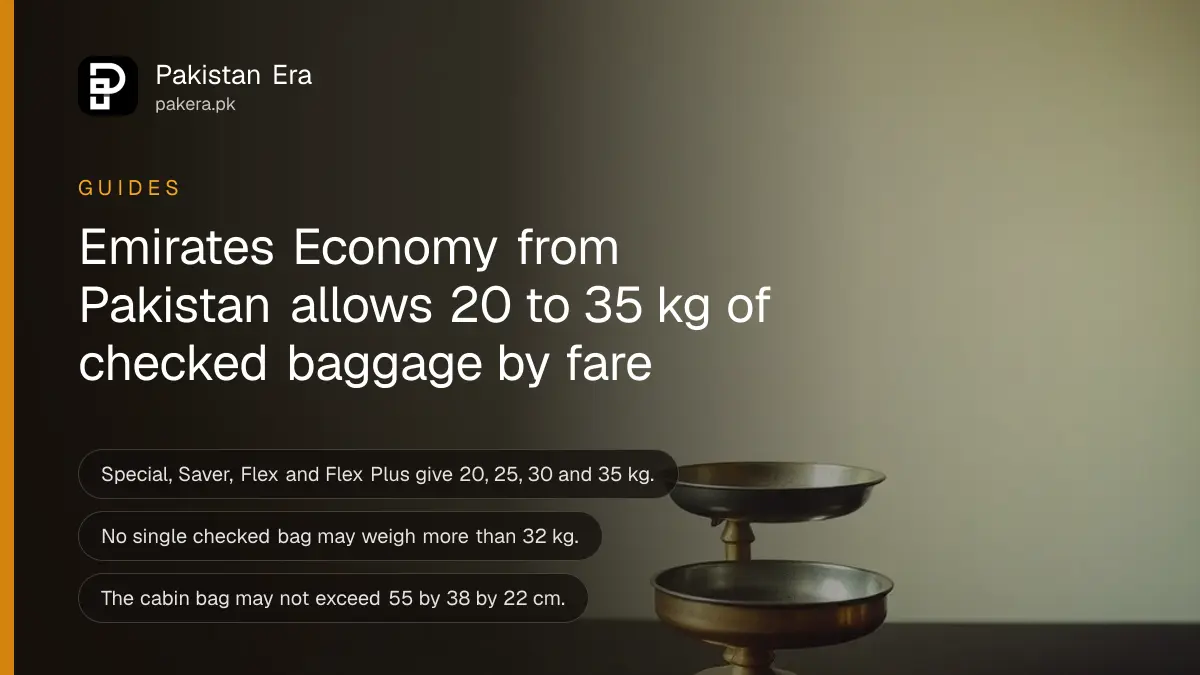 A small brass balance scale on a dark wooden table, for a guide on Emirates baggage allowance from Pakistan