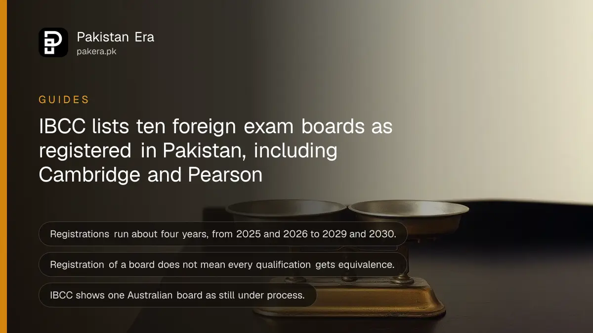A brass scale with empty pans on a dark wooden table, for a guide to checking exam boards registered with IBCC in Pakistan