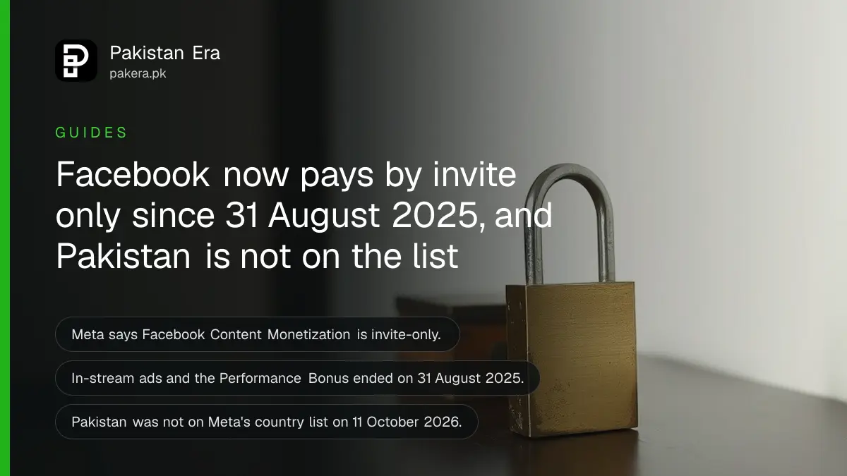 A brass padlock and a small wooden box on a dark wooden table, for a guide on Facebook Content Monetization invites in Pakistan